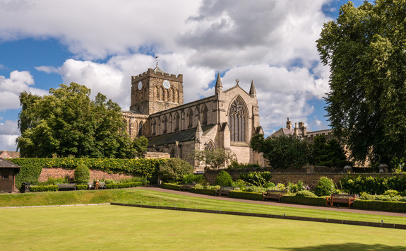 Castle with bright green grass in blue skies